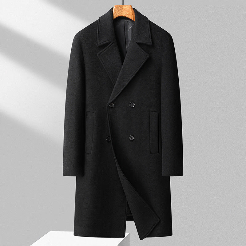 Men's Long Wool Blend Overcoat in Minimalist Cut with Notched Lapel and Concealed Pockets Chichicherry