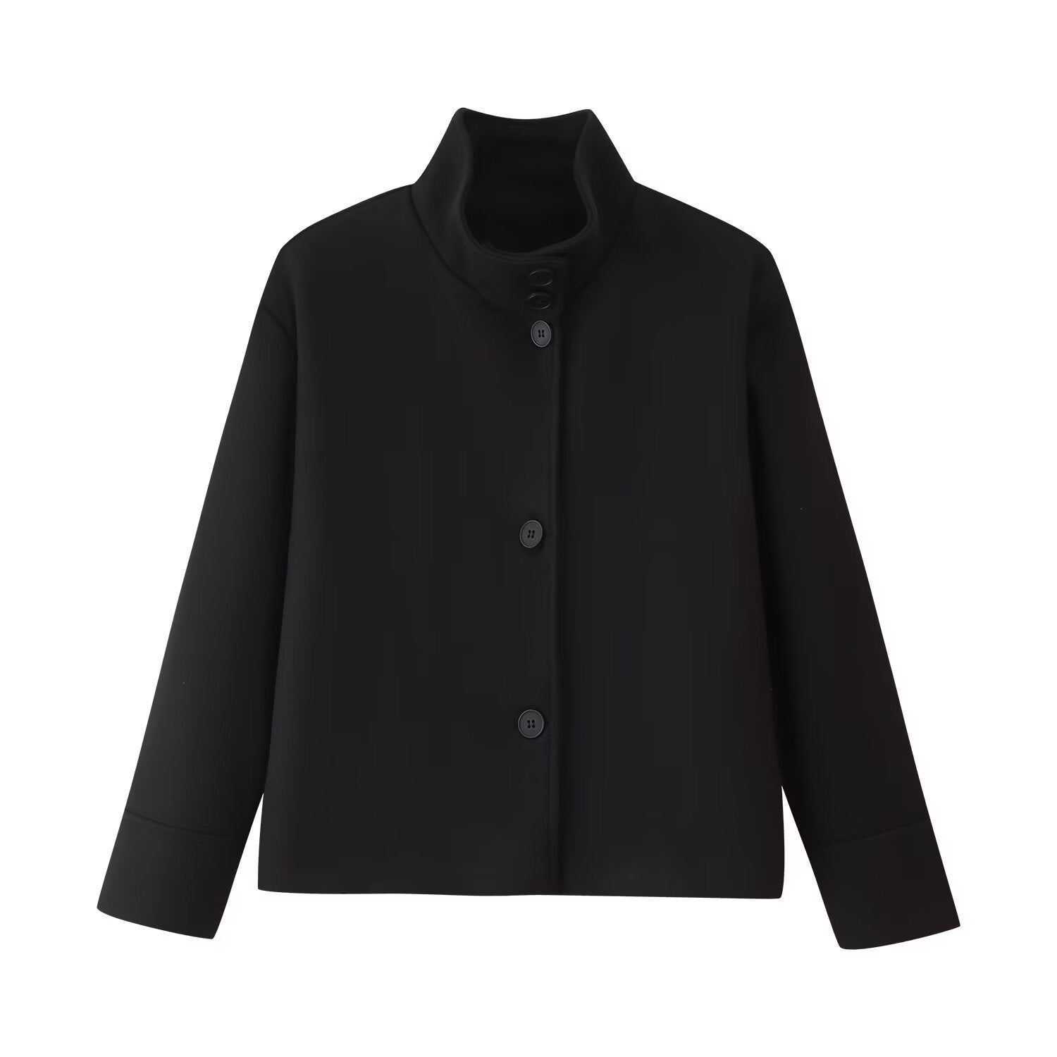 Women Short Boxy Jacket with Stand-Up Collar and Full Button Placket Chichicherry