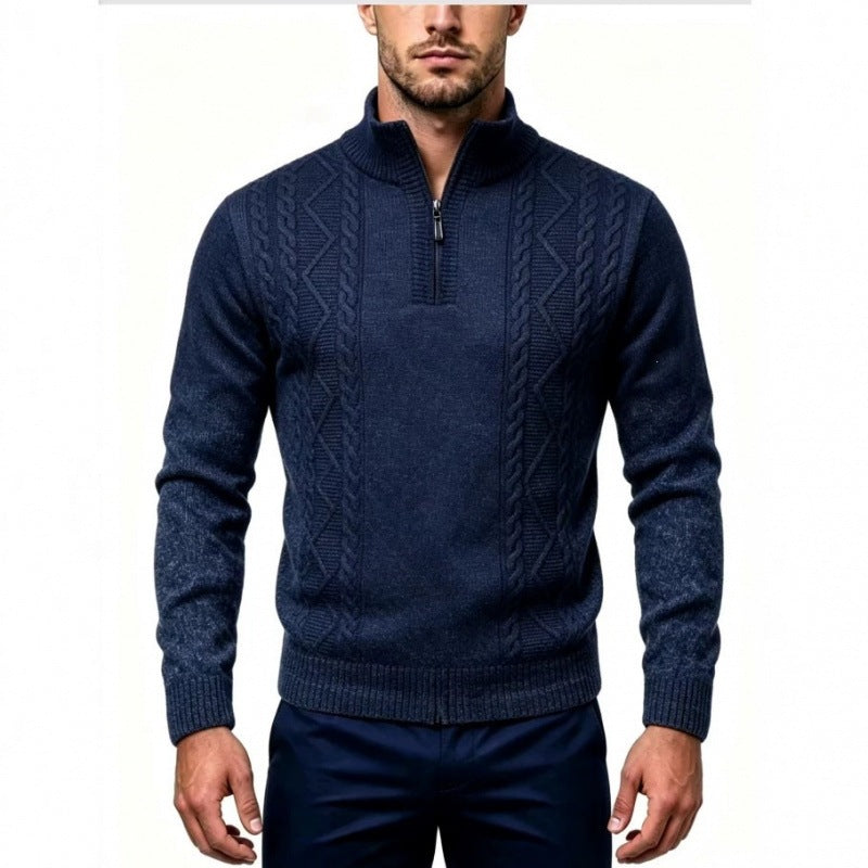 Men's Structured Half-Zip Pullover with Stand-Up Collar and Cable Knit Details Chichicherry