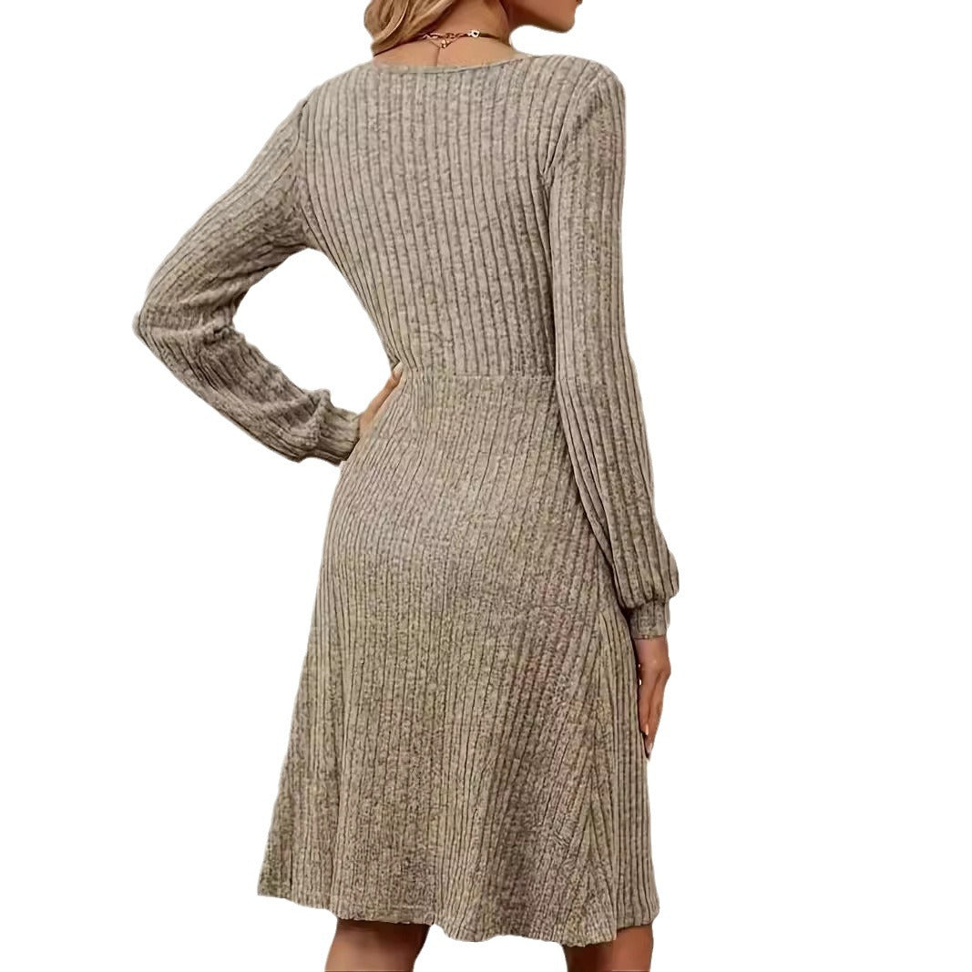 Women Tailored Ribbed Knit Midi Dress with Boat Neck and Decorative Button Placket Chichicherry