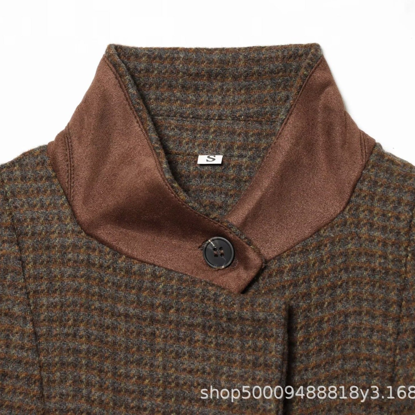 Women Short Tweed Blazer with Standing Collar, Button Placket and Flap Pockets Chichicherry