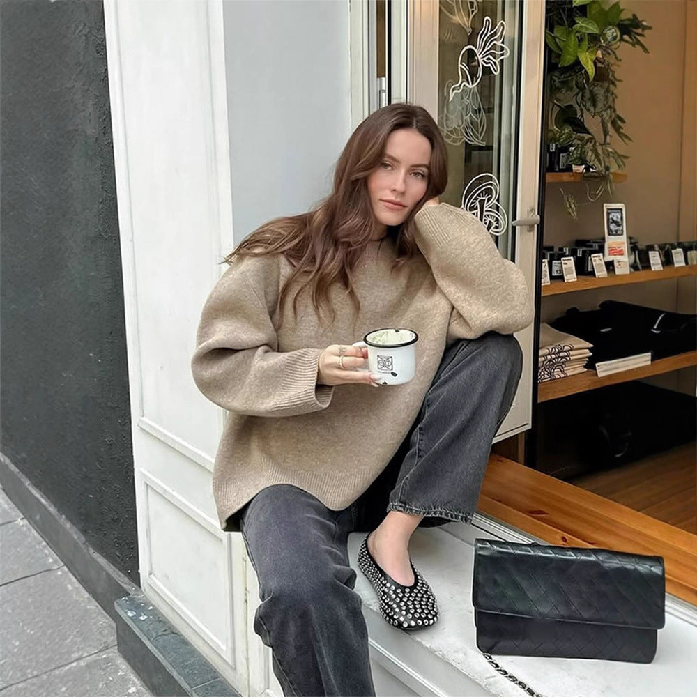 Women Oversized Fine Knit Sweater with Round Neck and Balloon Sleeves Chichicherry