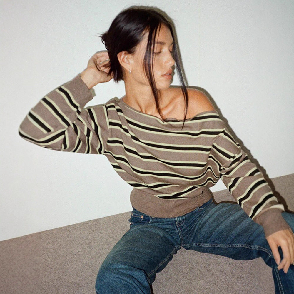 Women's fine knit boatneck pullover with asymmetrical shoulder drop, wide ribbed hem, and casual balloon sleeves Chichicherry