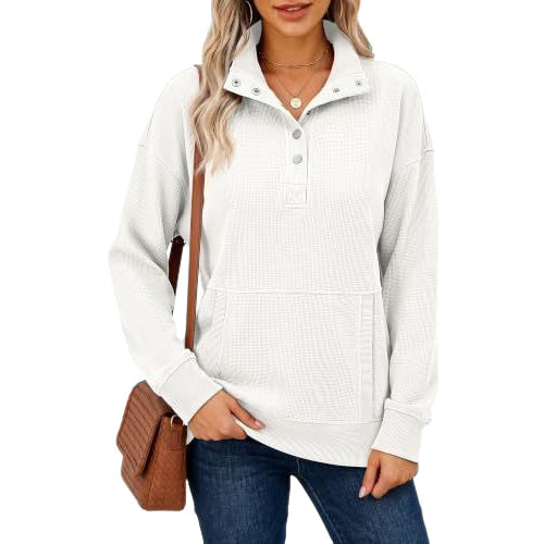 Women’s waffle knit pullover with stand-up collar, snap button placket, and kangaroo pocket Chichicherry