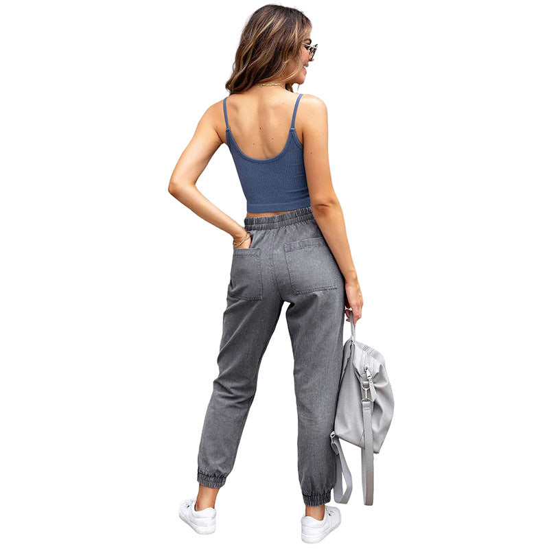 Women's denim jogger pants with cargo pockets and elastic drawstring waistband Chichicherry