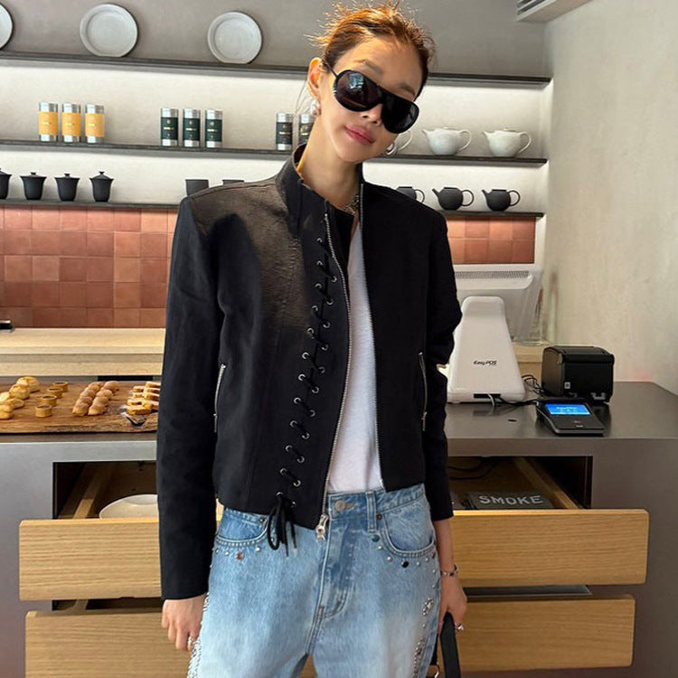 Women's Short Cut Lace-Up Biker Jacket with Asymmetrical Zipper Chichicherry