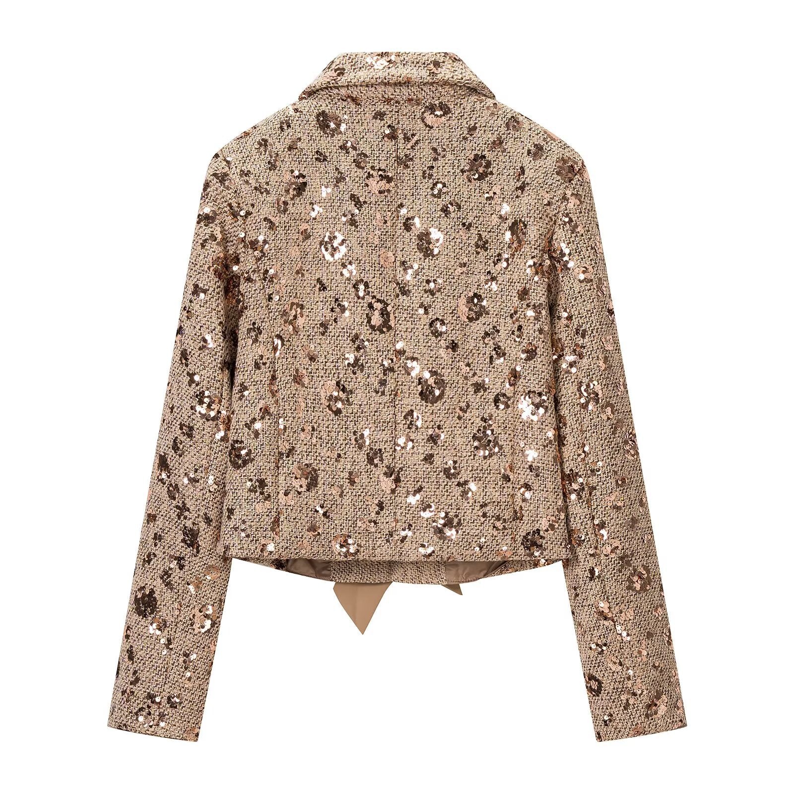 Women's short blazer made of tweed with sequin trim and bow closure Chichicherry
