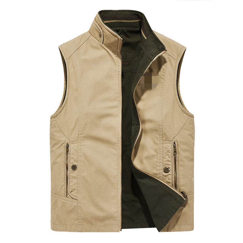 Men's Canvas Utility Vest with Stand Collar, Full-Length Zipper, and Multifunctional Outer Pockets Chichicherry