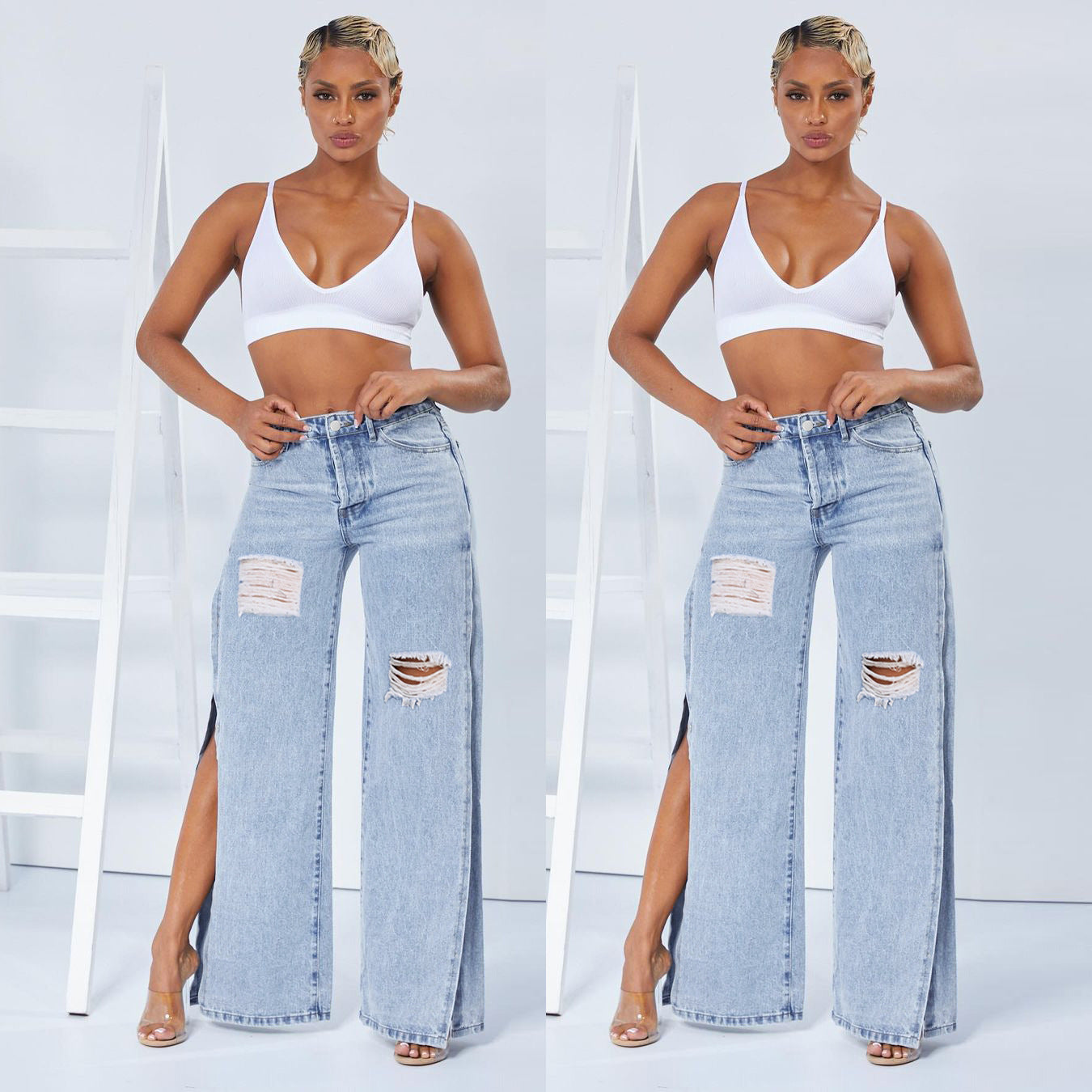 Ladies wide high-waist jeans with side leg slits, destroyed knee, and shaping waistband Chichicherry
