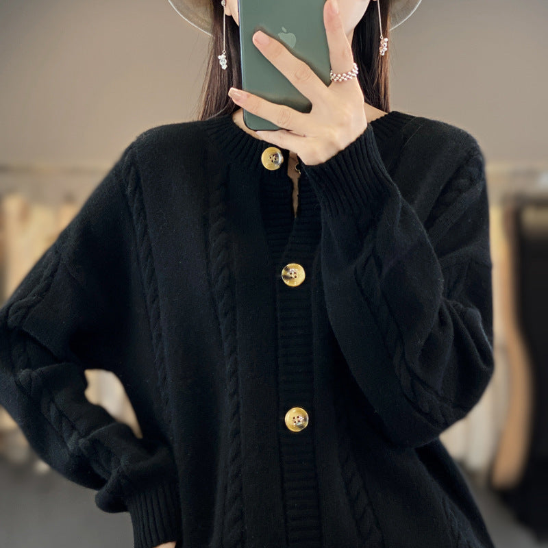 Women's Cashmere-like Cable Knit Cardigan with Round Neck and Horn Look Buttons Chichicherry