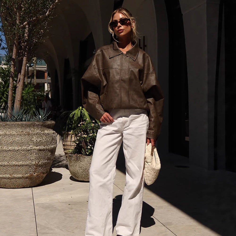 Women Boxy Cropped Faux Leather Blouson with Oversized Shoulder Chichicherry