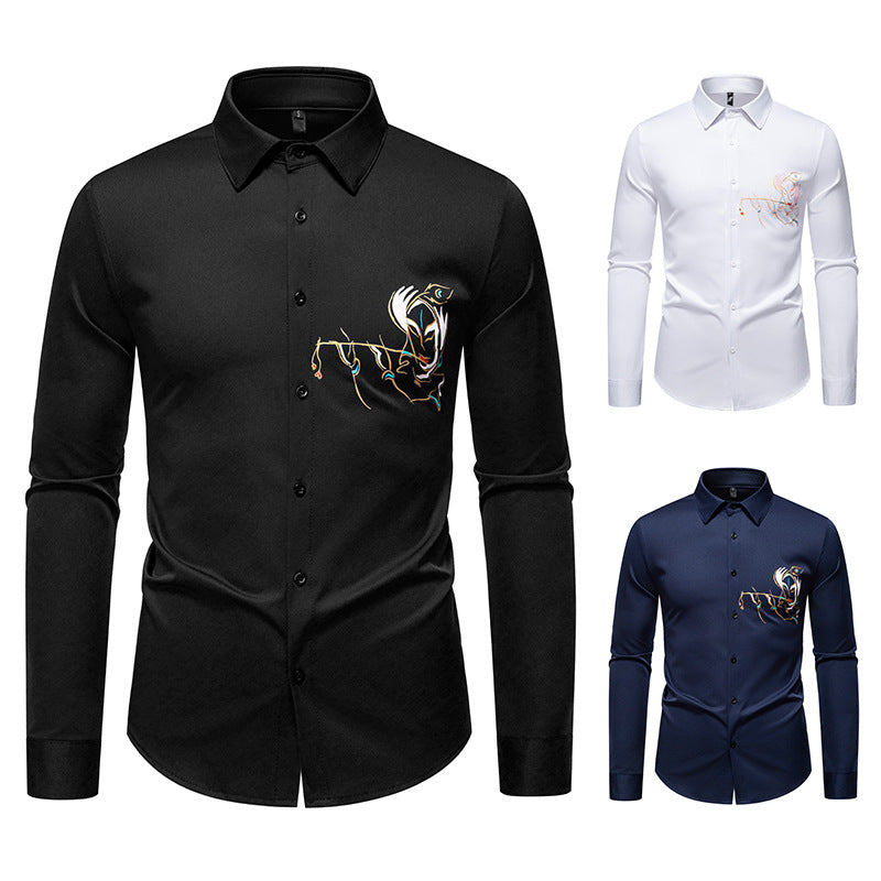 Men's Slim-Fit Business Shirt with elaborate chest embroidery and Kent collar Chichicherry