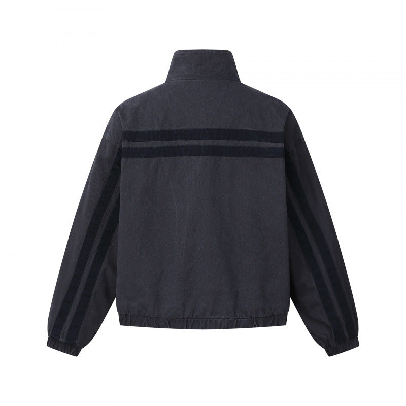 Unisex short cut boxy blouson jacket with stand collar, double stripe detail and checked inner lining Chichicherry
