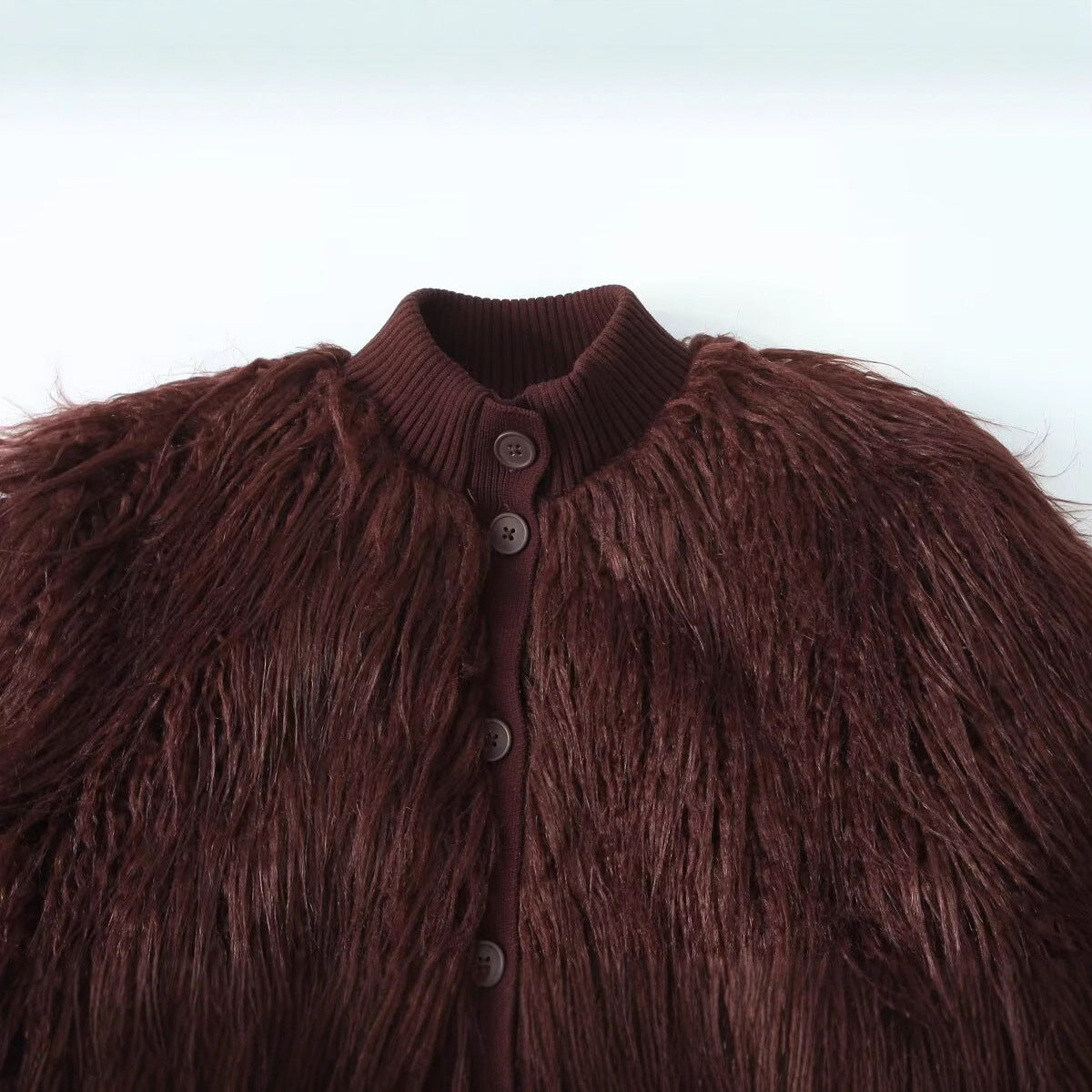 Women Short Cut Shaggy Faux Fur Cardigan with Ribbed Collar and Button Placket Chichicherry