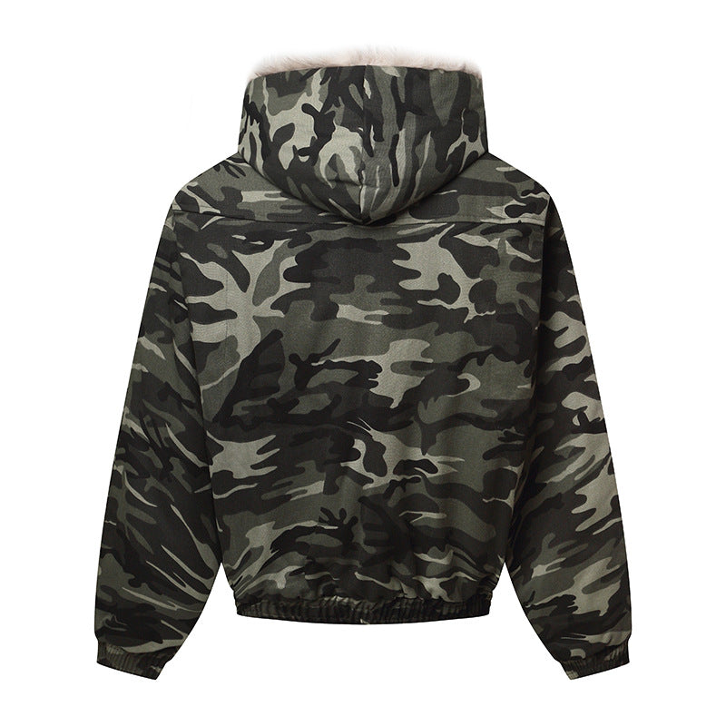 Unisex Padded Hooded Jacket in Camouflage Pattern with Teddy Lining and Elastic Hem Chichicherry