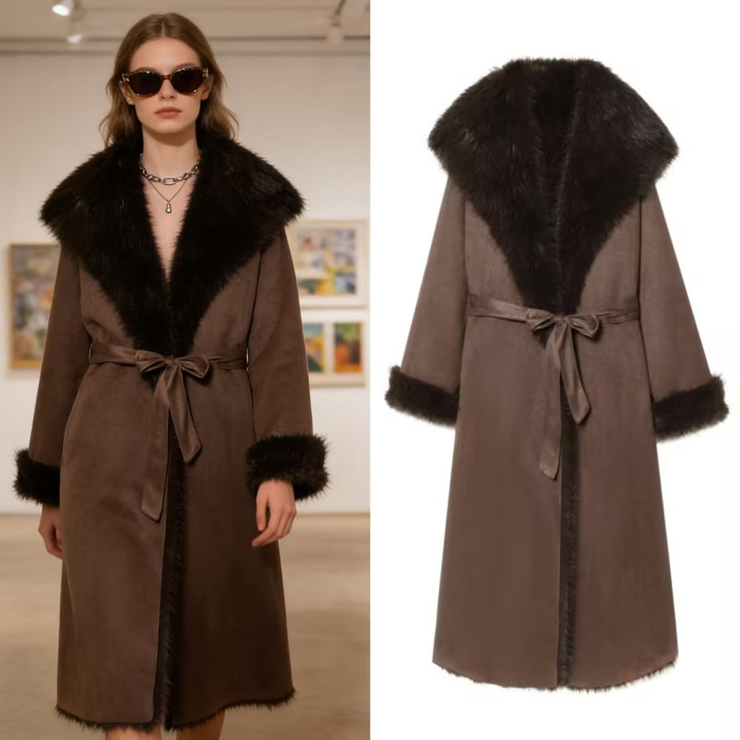 Women's Long Sheepskin Look Coat with Hood, Tie Belt and Faux Fur Trim Chichicherry