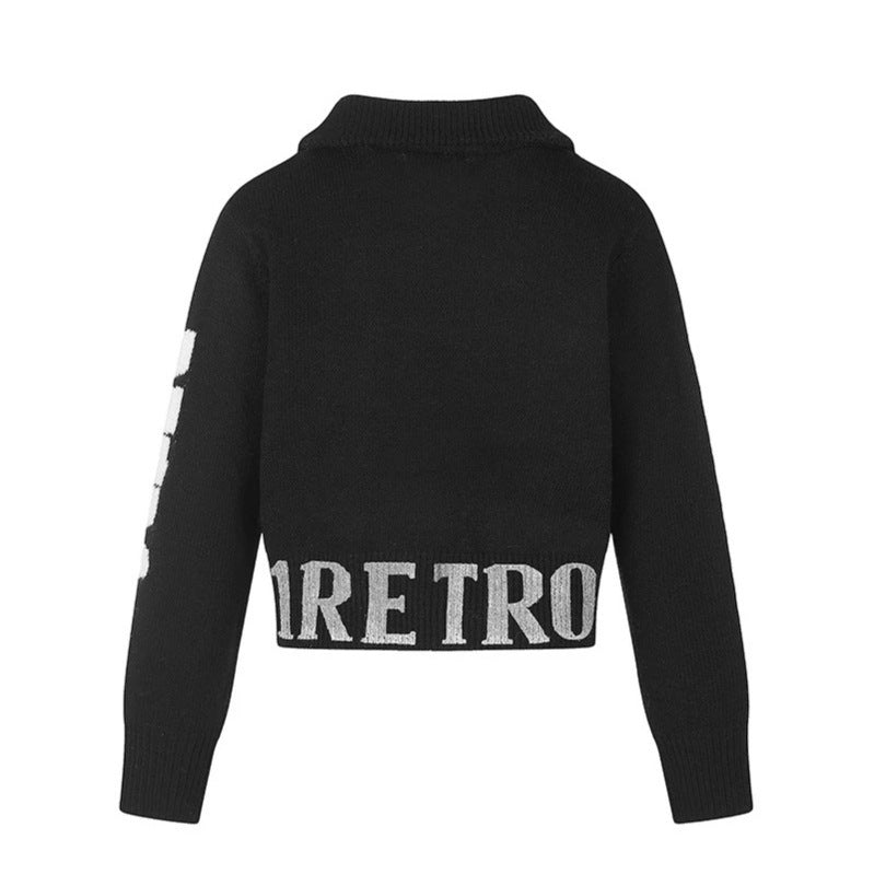 Women's Short Cable Knit Cardigan with Stand-up Collar, Full-Length Zipper and Typo Hem Chichicherry