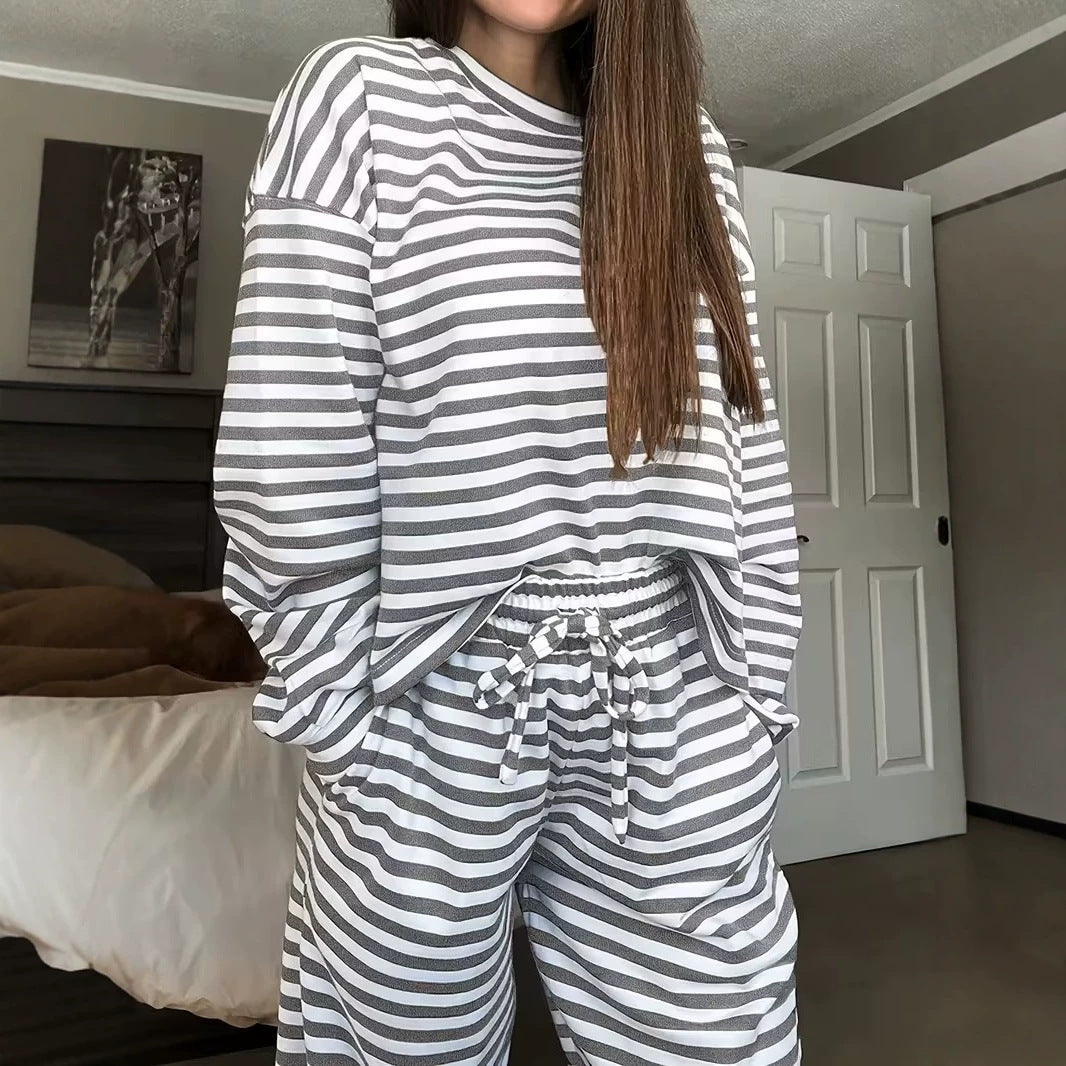 Women's Striped Loungewear Set with Oversized Sweatshirt and Elasticated Drawstring Pants Chichicherry