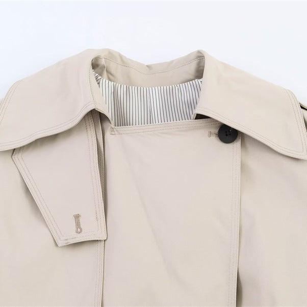 Women's short cut oversized trench coat with belt and double-breasted button placket Chichicherry