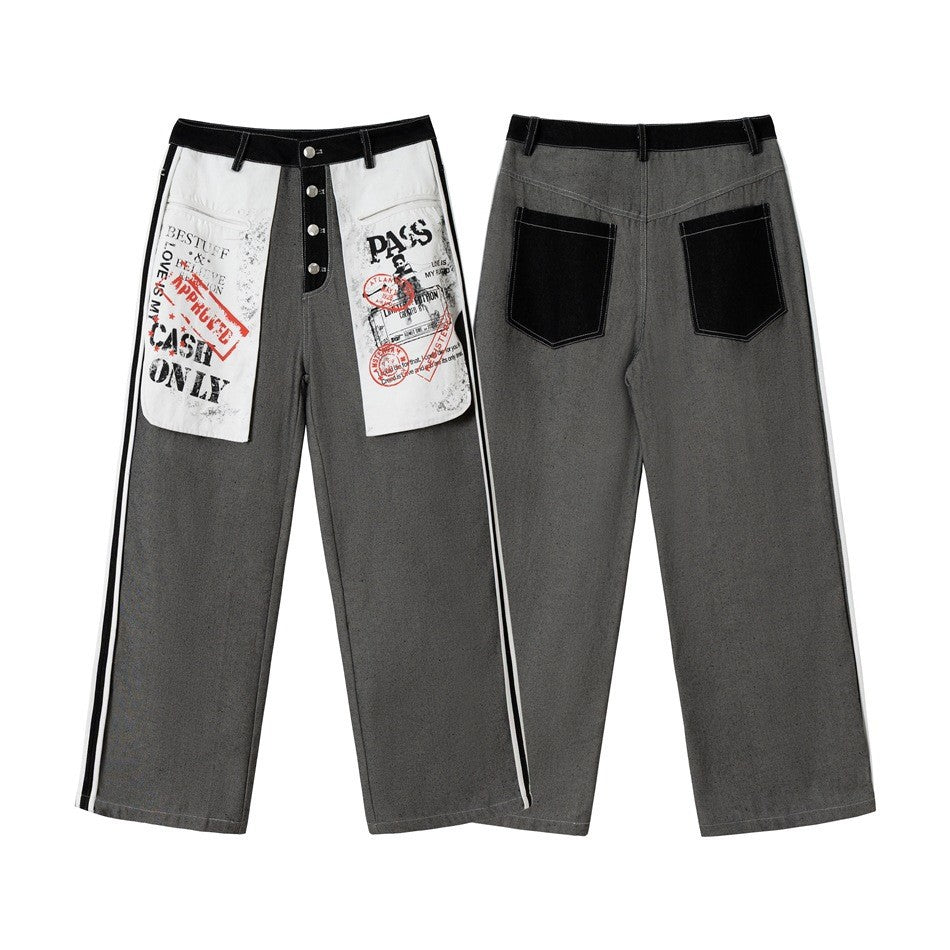 Women's Wide-Leg Cargo Jeans with Applied Graphic Patches and Contrast Stripes Chichicherry