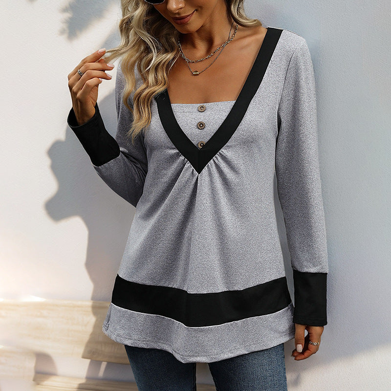 Women's long sleeve with deep V-neck, decorative button placket and contrast borders Chichicherry