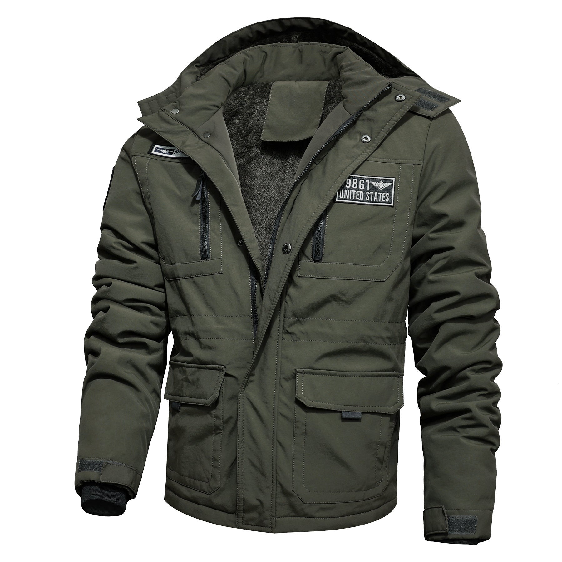 Men's water-repellent utility parka with teddy lining, hood, and multifunction pockets Chichicherry