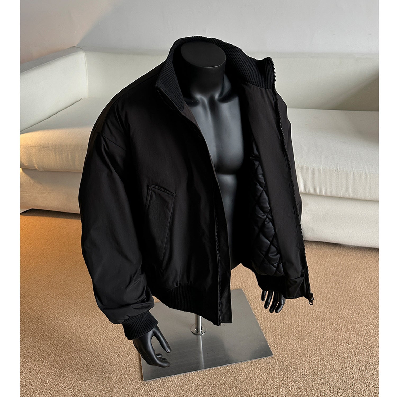 Men's Oversized Quilted Bomber with High Ribbed Collar Construction and Hidden Zipper Chichicherry