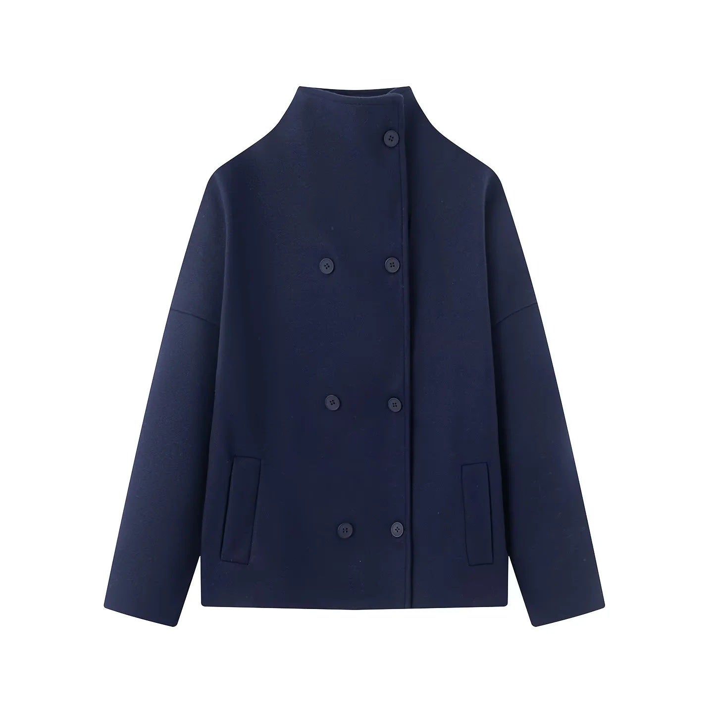 Women's Short Cut Boxy Wool Blend Coat with Stand-Up Collar and Concealed Double Button Placket Chichicherry