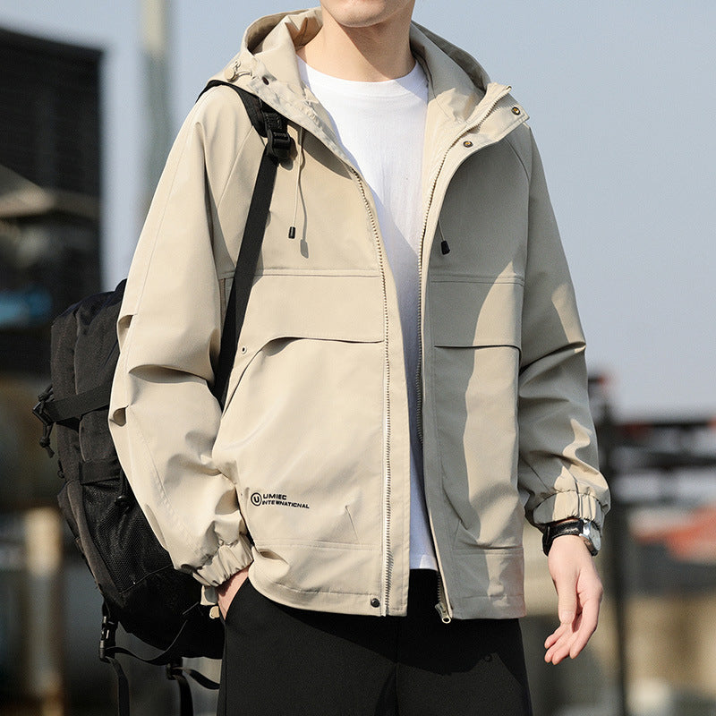 Men's Lightweight Hooded Utility Windbreaker with Large Flap Pockets and Elastic Cuffs Chichicherry