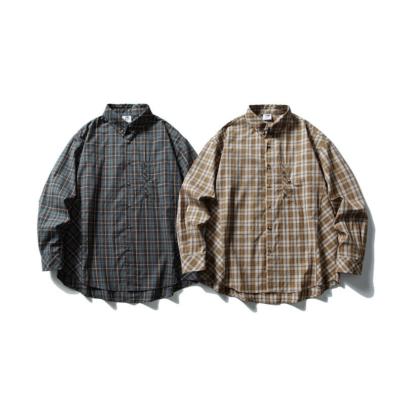 Unisex Oversize Checked Shirt with Stand-up Collar, Breast Pocket and Rounded Hem Chichicherry