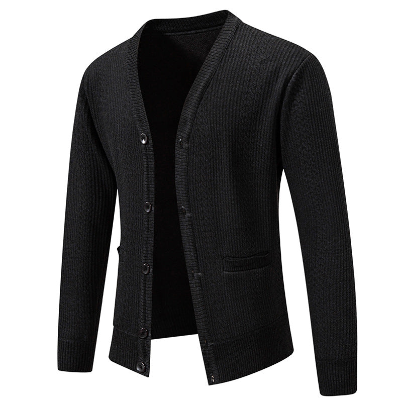 Men's Textured V-Neck Knit Cardigan with Button Placket and Pockets Chichicherry
