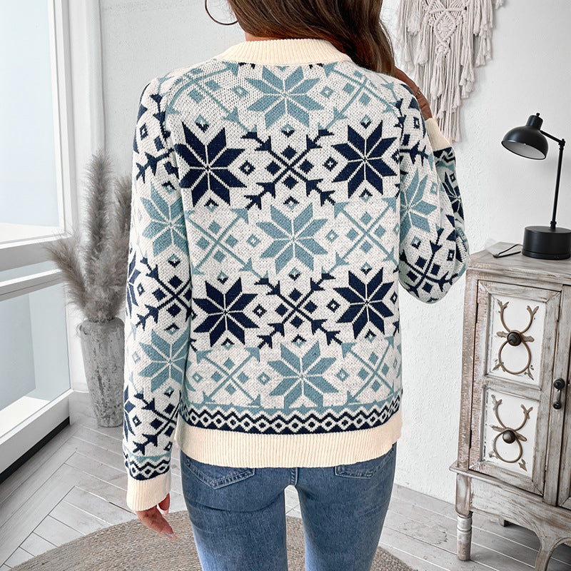 Women's Norwegian Pattern Knit Sweater with Round Neck, Ribbed Cuffs and Relaxed Fit