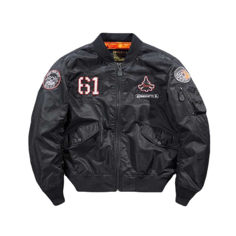 Men's short-cut flight bomber jacket with emblem patch, sleeve utility pocket and contrasting interior lining Chichicherry