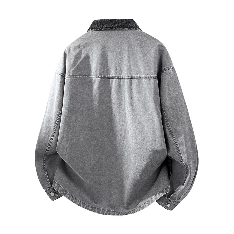 Men's Oversize Denim Shirt Jacket with Contrast Pocket and Snap Button Placket Chichicherry