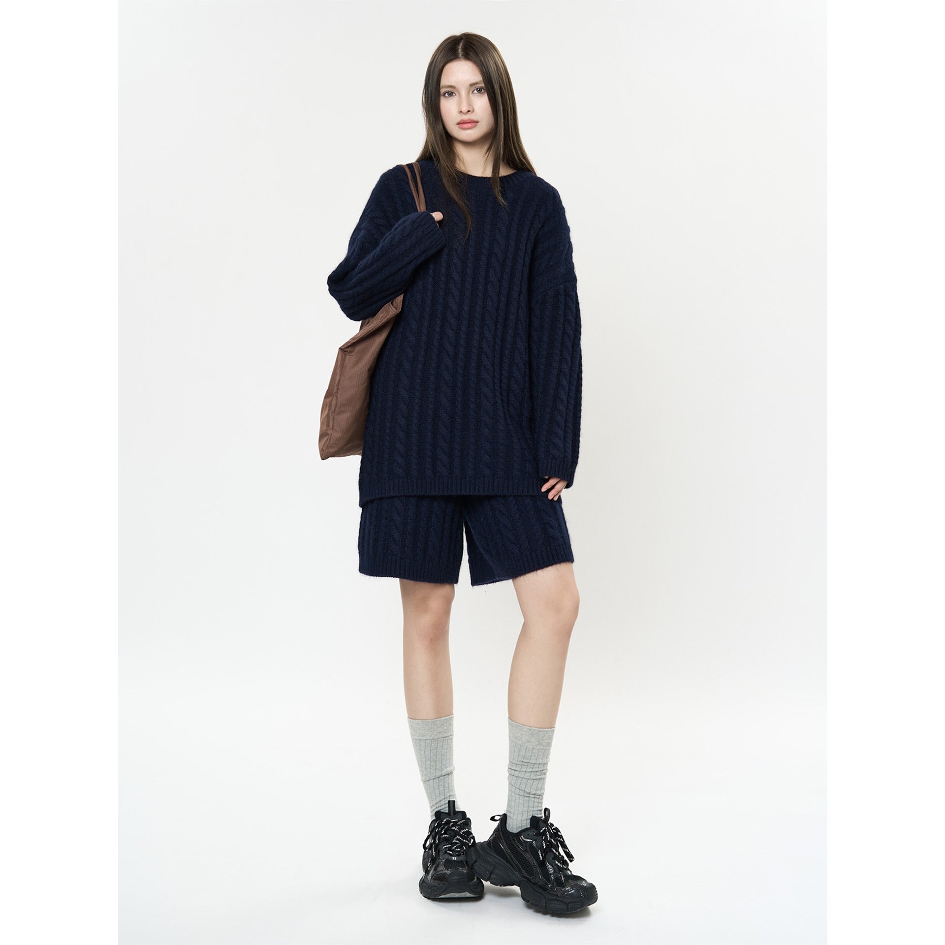 Women's Oversize Chunky Knit Sweater with Cable Pattern and Boxy Silhouette Chichicherry