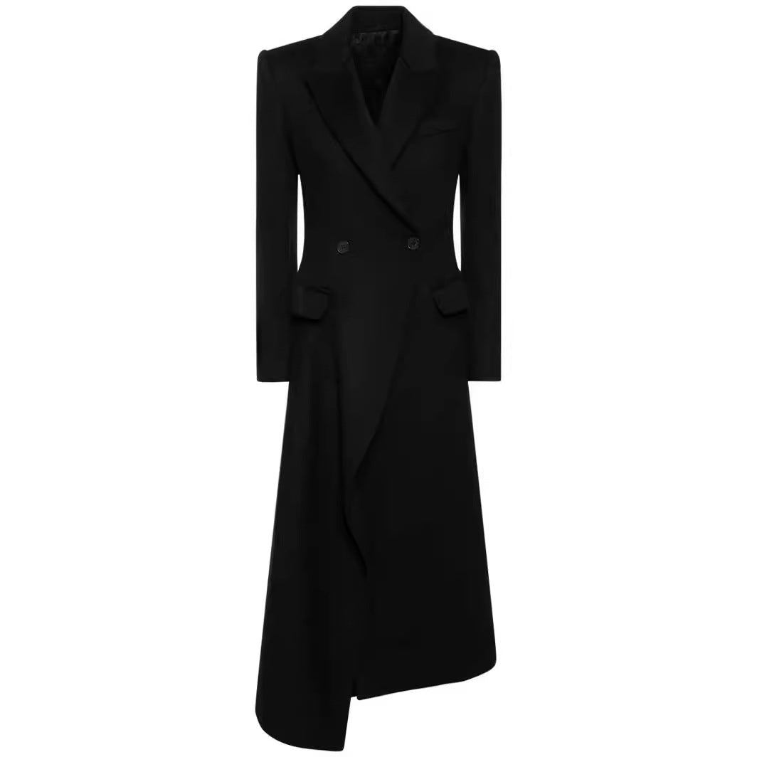 Women Maxilength Asymmetrical Double-breasted Blazer-Coat with Emphasized Shoulder Chichicherry