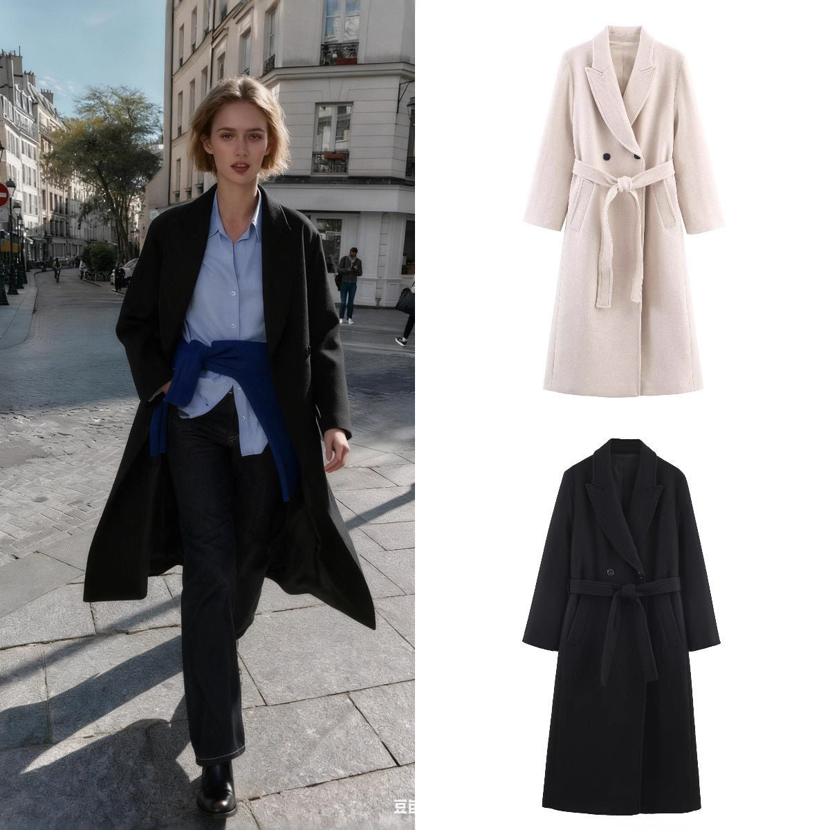 Women Long Tailored Wool Blend Coat with Tie Belt and Lapel Collar Chichicherry
