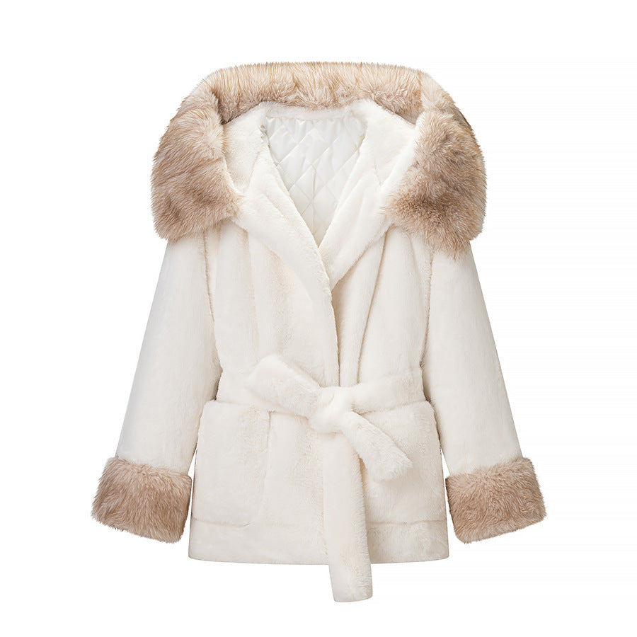 Women's Short Teddy Faux Fur Coat with Hood, Quilted Lining and Ties Chichicherry