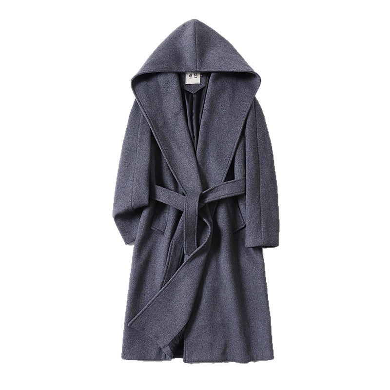 Men's maxi-length hooded coat made of wool blend with tie belt and boxy silhouette Chichicherry