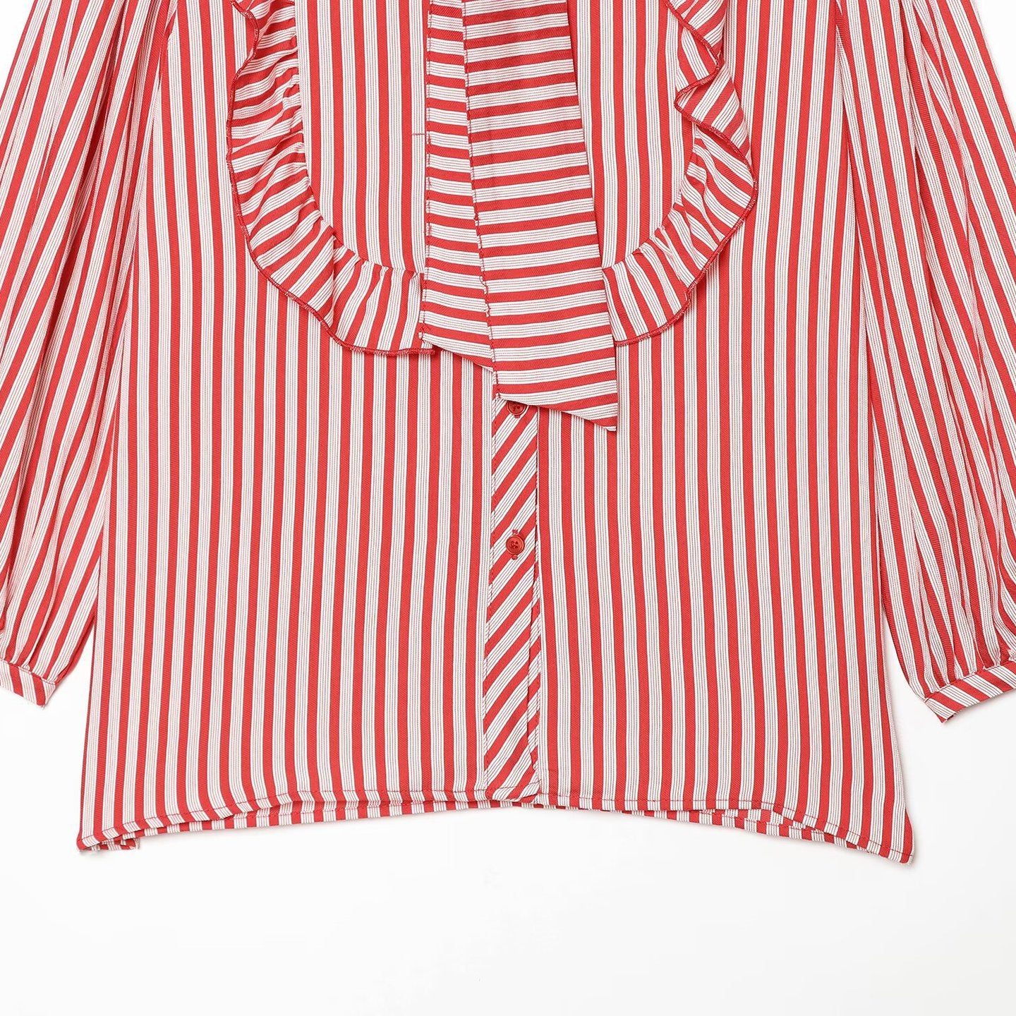 Women Striped Blouse with Ruffle Yoke and Bow Collar Chichicherry