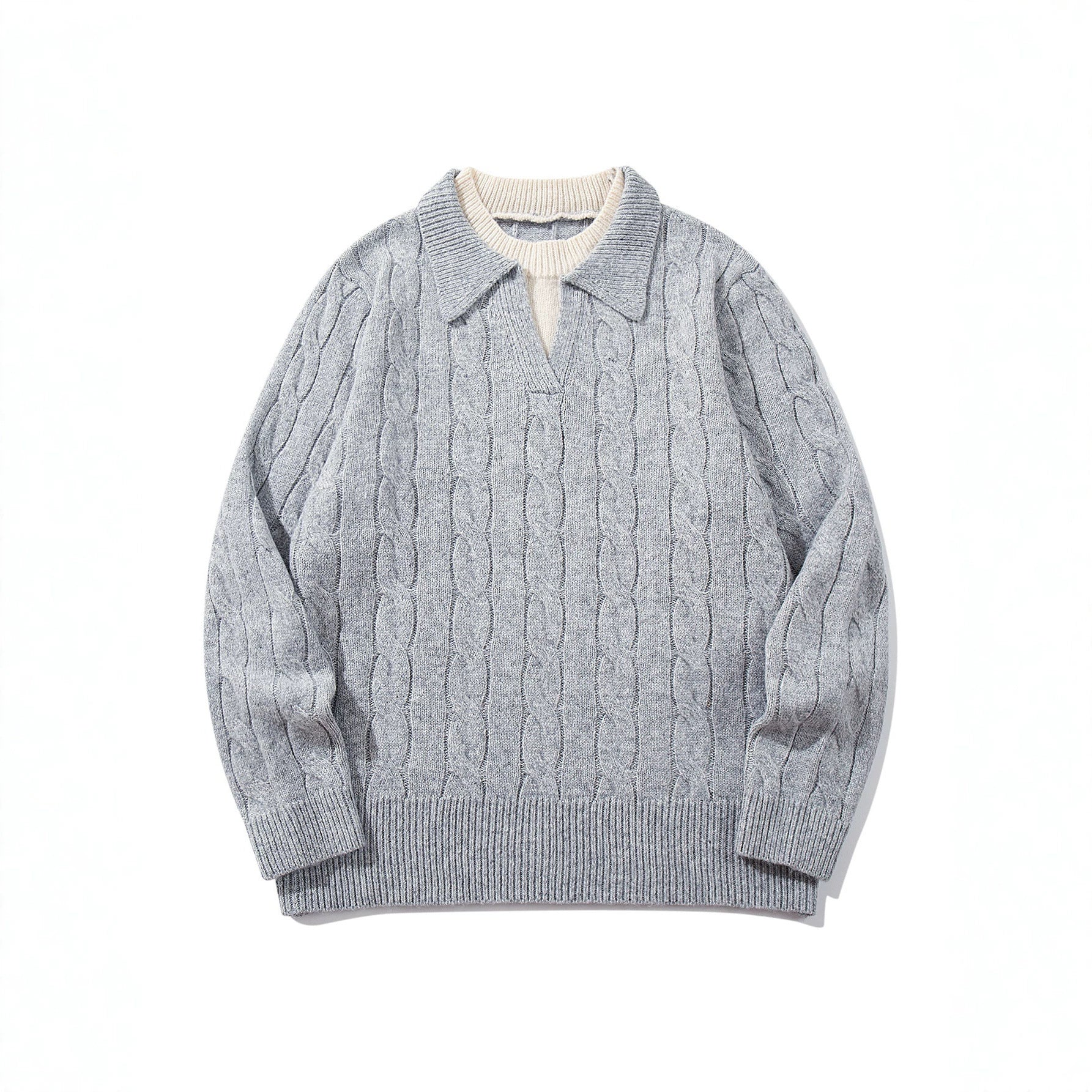 Unisex Structured Cable Knit Sweater with Polo Collar and Deep V-neck Chichicherry
