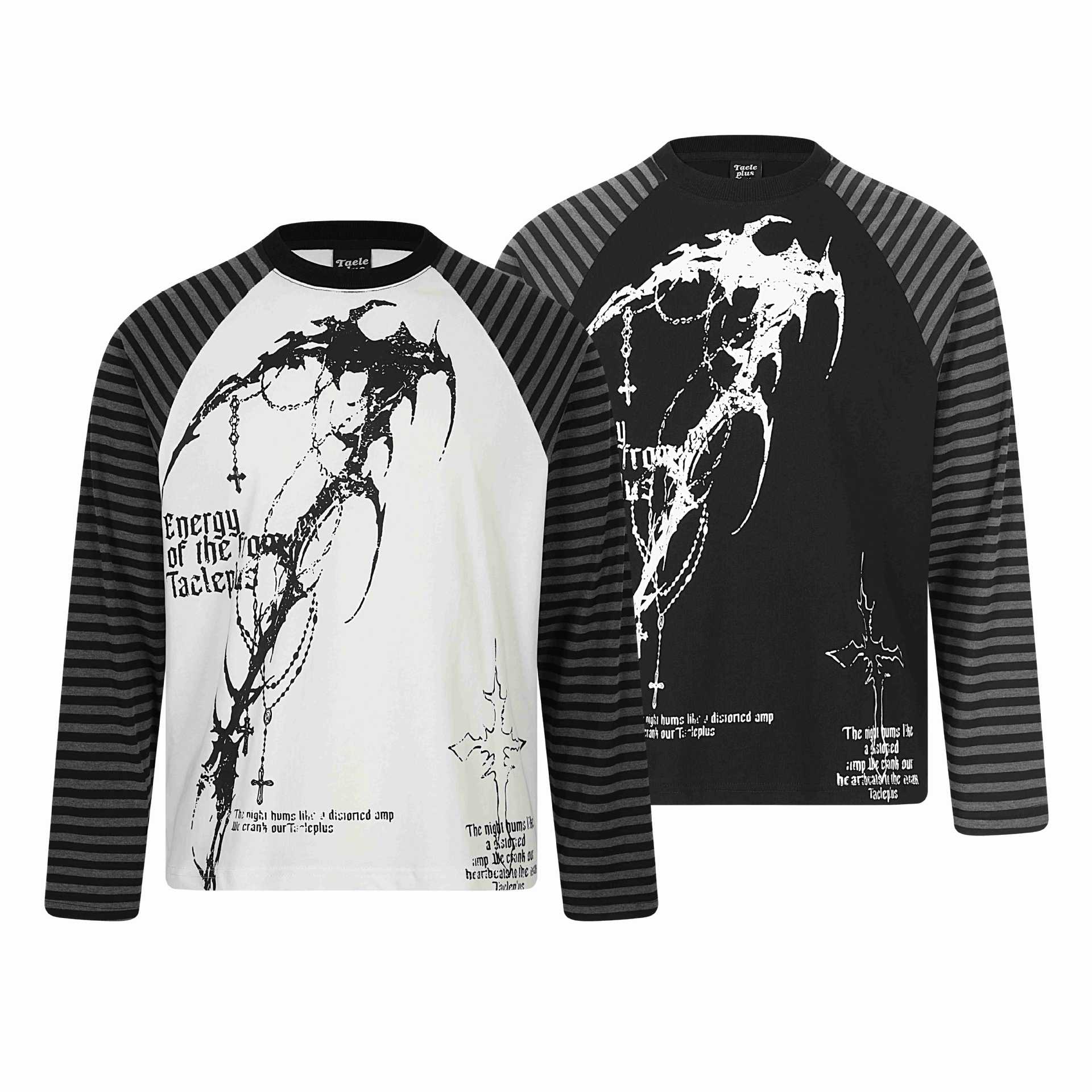 Unisex long sleeve shirt in raglan style with gothic print and striped sleeves Chichicherry