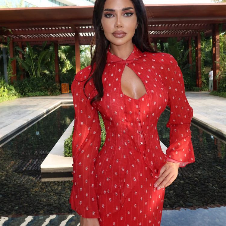 Women's Tailored Midi Dress with Keyhole Neckline, Peplum and Long Puff Sleeves Chichicherry