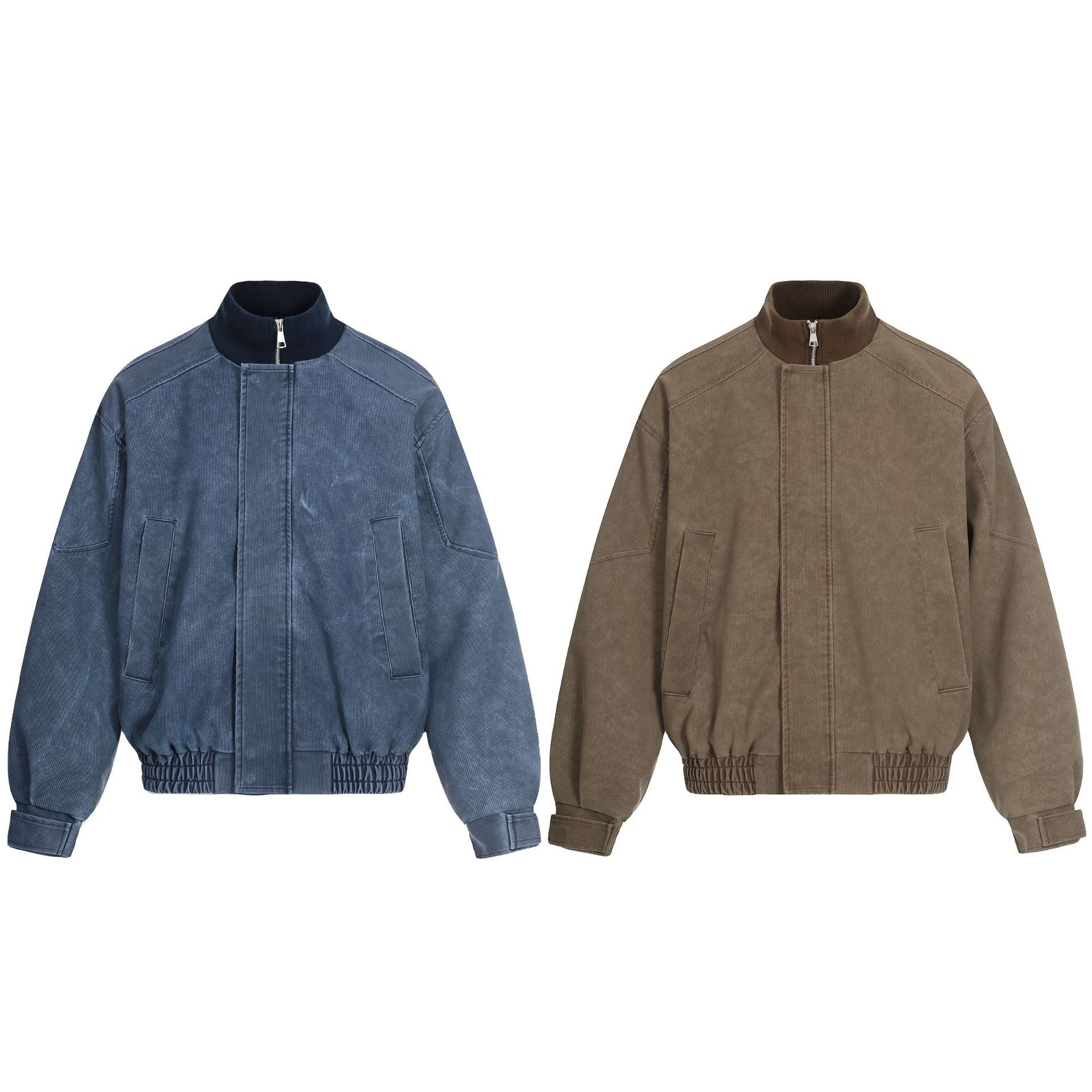 Men's short boxy blouson made of corduroy fabric with high ribbed collar and elastic hem.