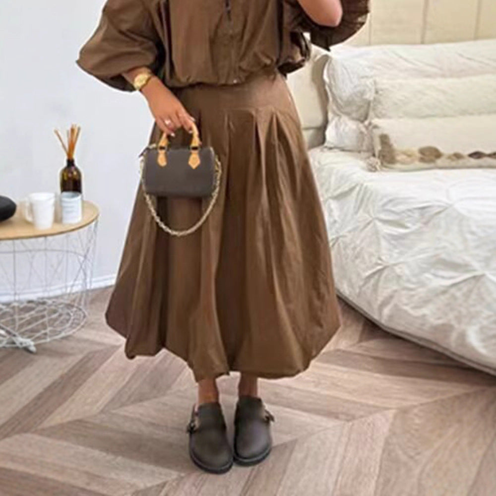 Women Tailored A-Line Midi Skirt with Pleats & High Waist Chichicherry