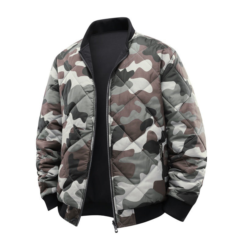 Men's Quilted Camouflage Bomber Jacket with Ribbed Cuffs and Two-Way Zipper Chichicherry
