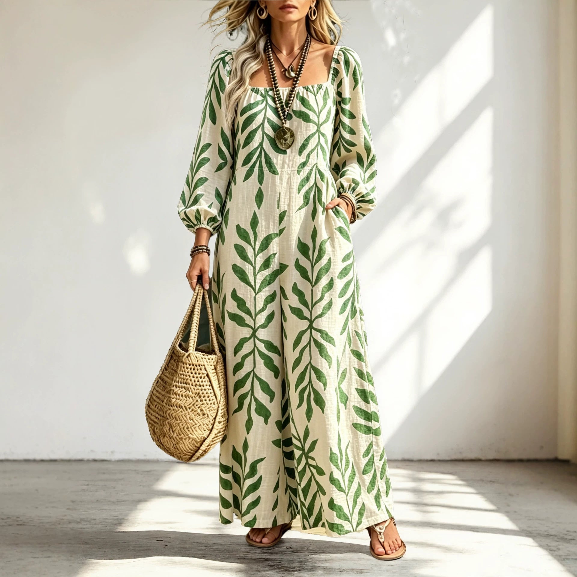 Women's maxi dress with square neckline, balloon sleeves and botanical print Chichicherry
