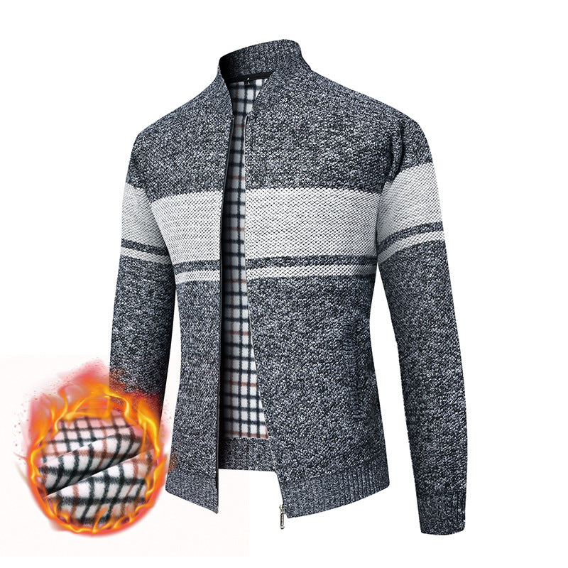 Men's thermal knitted zip jacket with stand-up collar and checkered fleece lining Chichicherry