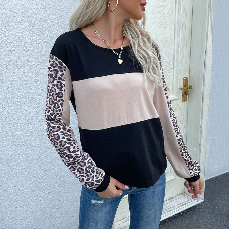 Women's Colorblock Long Sleeve with Leopard Print Sleeves and Ribbed Cuffs Chichicherry