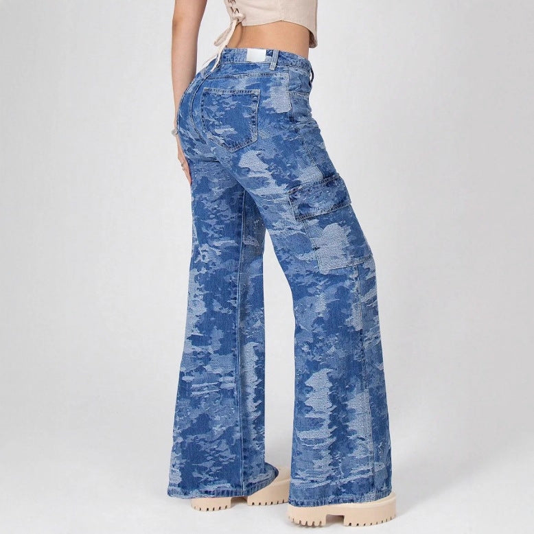 Women’s High-Waisted Palazzo Cargo Jeans made of Camouflage Denim with Patch Pockets Chichicherry